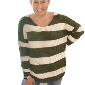 Knit Sweater Green White Stripe Women's Size Small Oversized Fit Comfy